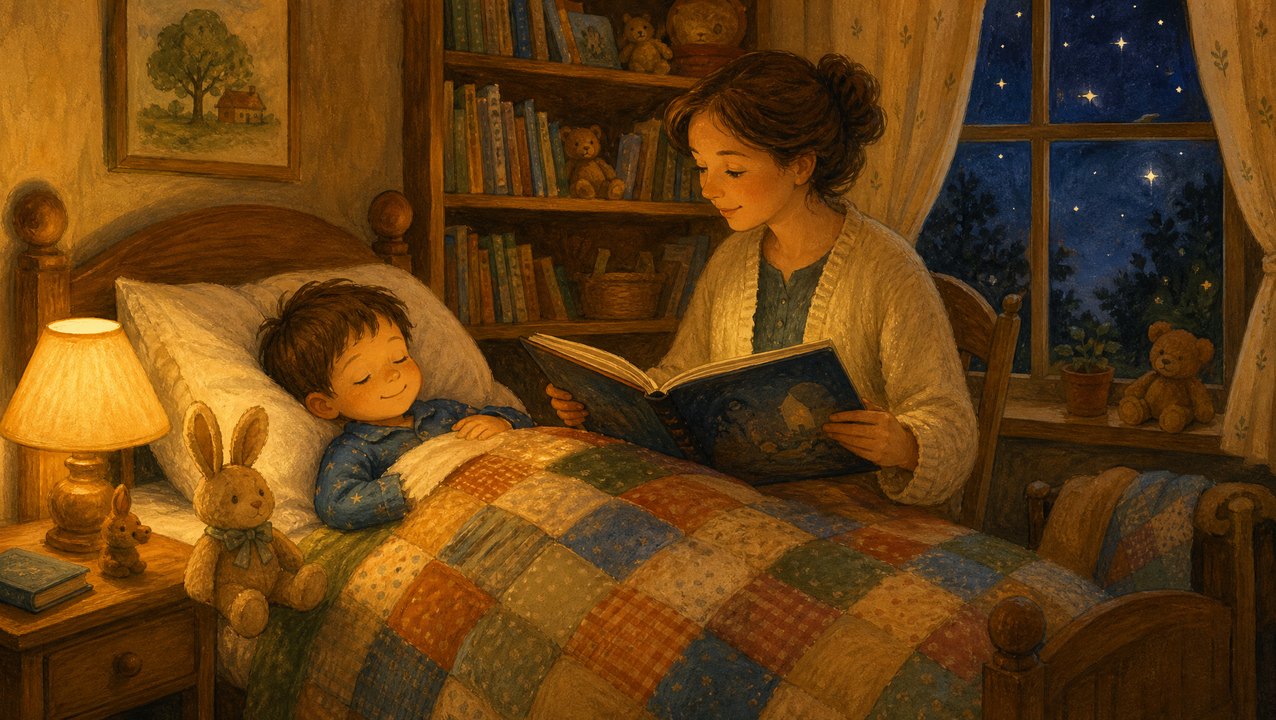 A bedtime story being read aloud at lamplight