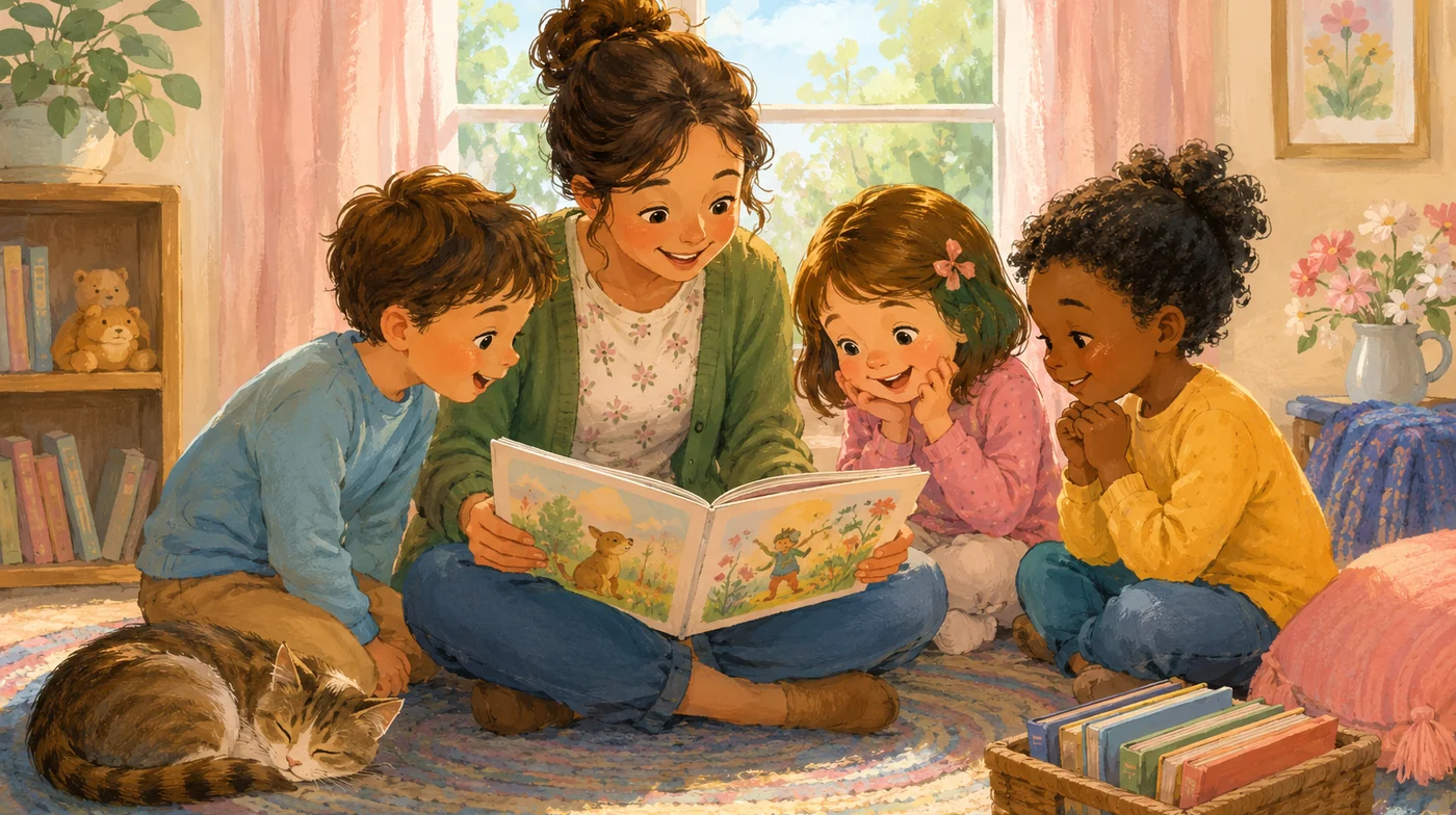 A child listening to a story with headphones on, at bedtime